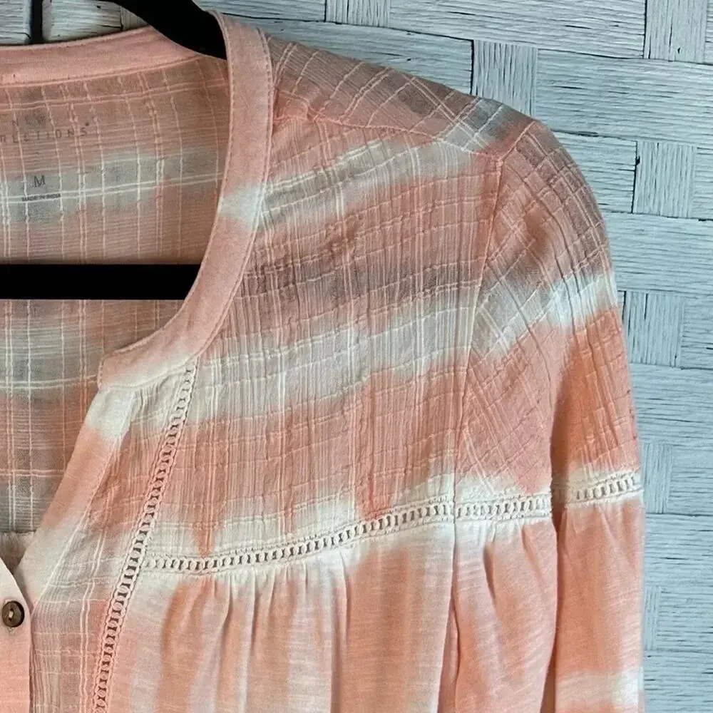 New Directions Womens Blouse Peach white tie-dye balloon sleeve bohemian hippie - Picture 3 of 10